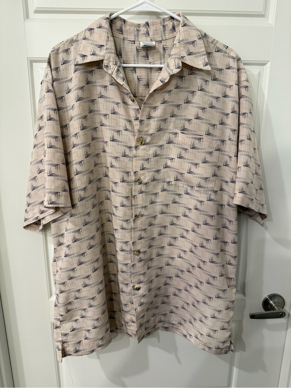 Preview International Beige Short-Sleeve Button-Down Shirt with Navy Pattern